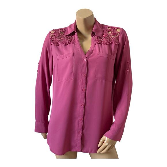 EXPRESS Womens Size Large Fuchsia Pink Convertible Portofino Button Front Shirt - Picture 1 of 9